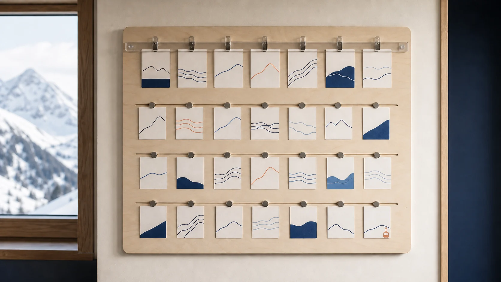 Twenty-eight planning cards in four rows in an alpine room: the first seven sit under a fixed clear rail, while later cards hang from movable magnets. A small ski-trip marker is attached to the final card.