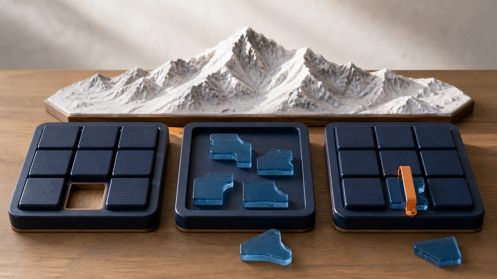 Three separate trays in front of a snowy mountain model: the first holds dark plan tiles and an empty space, the second holds blue proposal pieces, and the third has one piece secured by an orange confirmation clip while unused blue alternatives remain loose beside it.