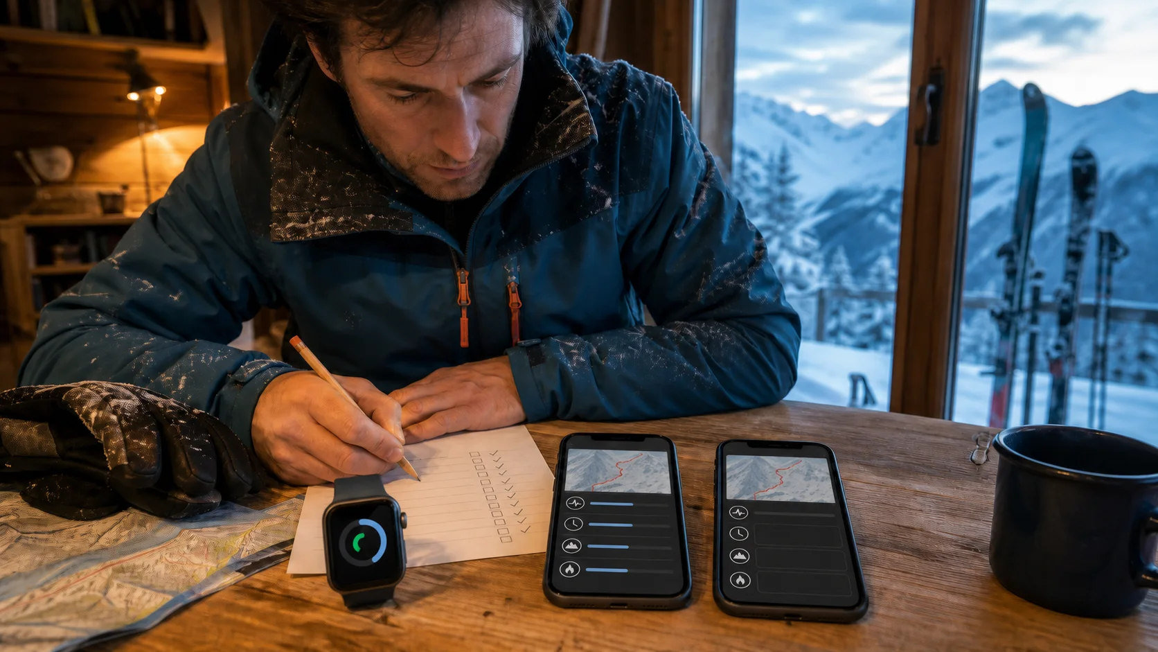 A skier compares two phones after a test recording; one shows several workout data types, while the other is missing some fields
