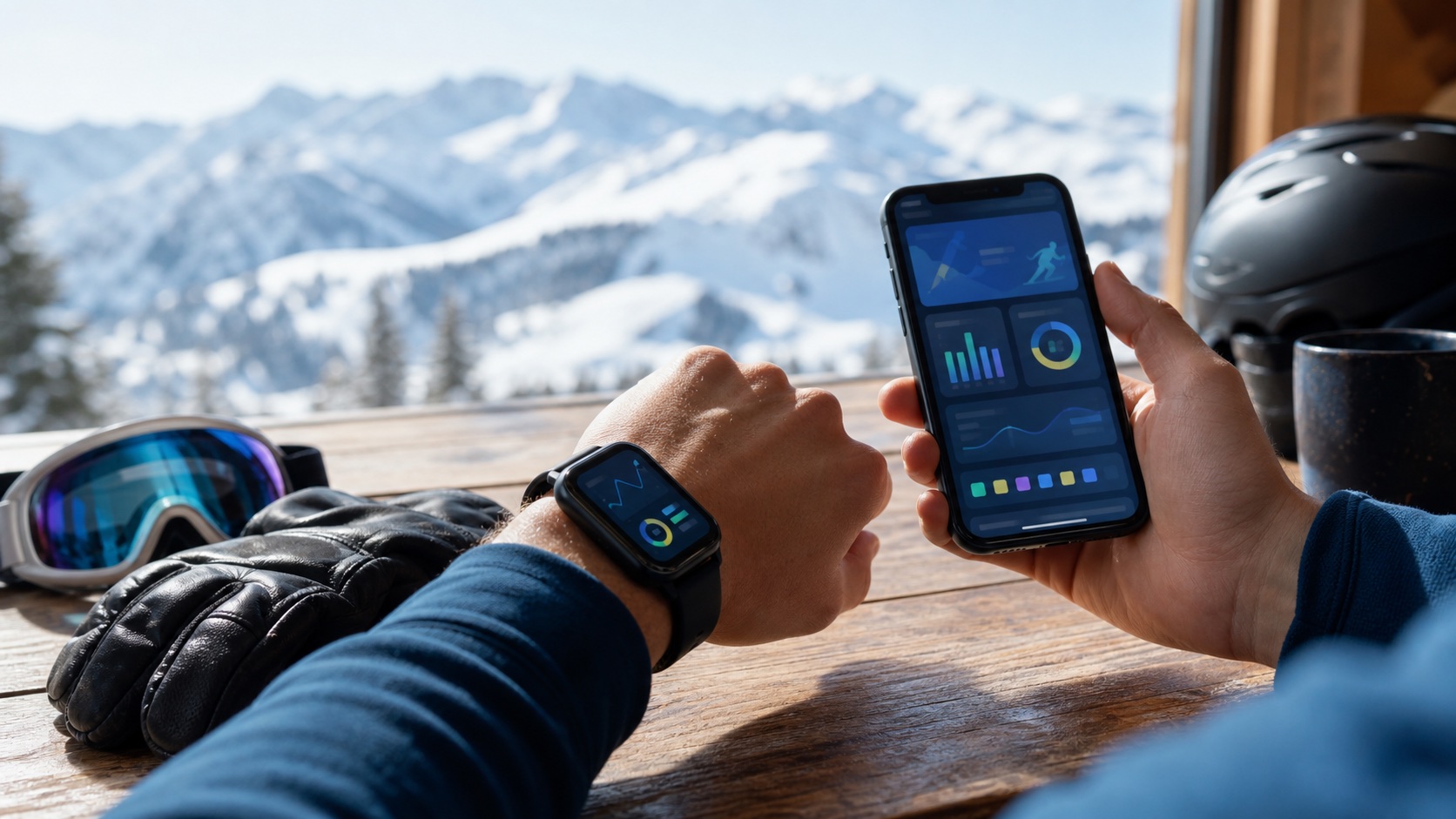 Smartwatch- und Smartphone-Trainingsdaten neben Skihandschuhen mit Bergen im Hintergrund