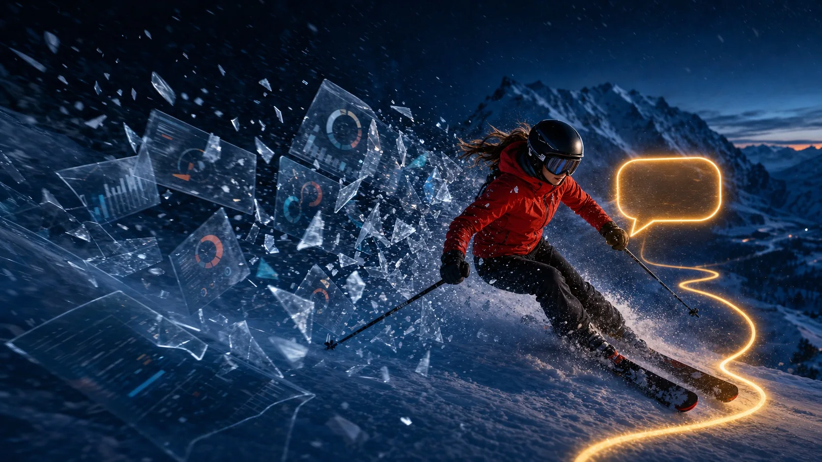 Eine Skifahrerin fährt durch einen Sturm aus zerbrochenen Fitness-Dashboards auf einem verschneiten Alpenhang, während eine leuchtende Sprechblase die Spur nach unten zeichnet