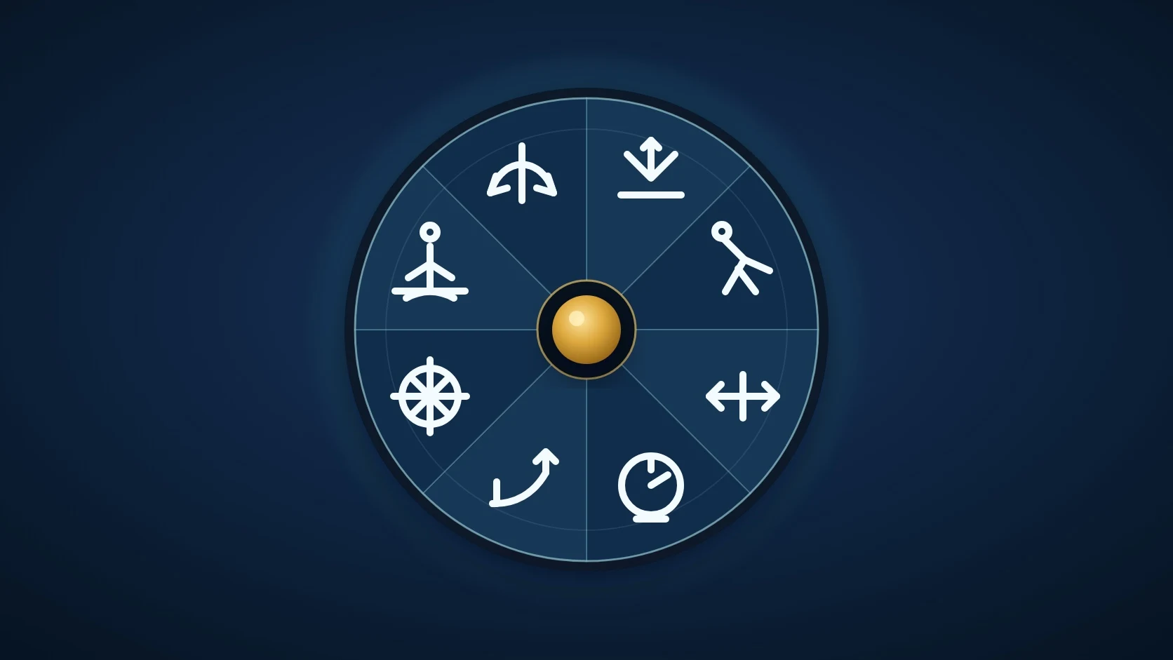 A dark circular selector divided into eight equal sectors, each with a different white line symbol and a gold centre