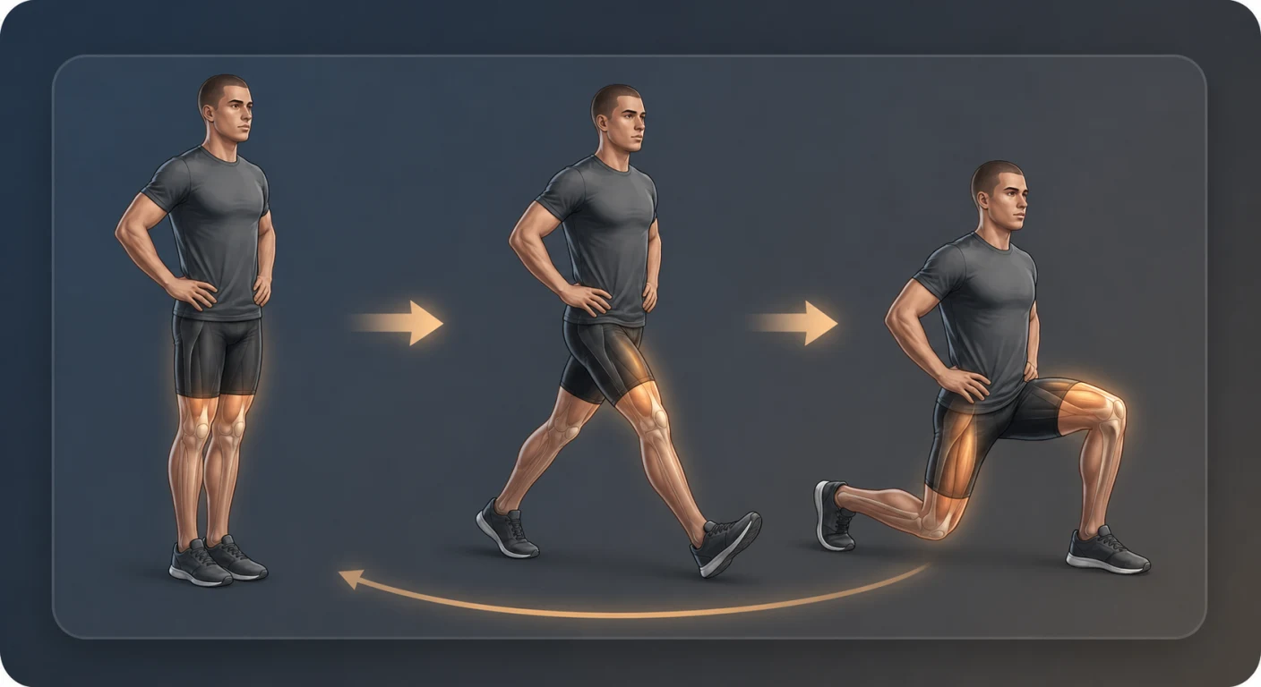 Forward lunge shown with feet together, a step forward and a controlled low position