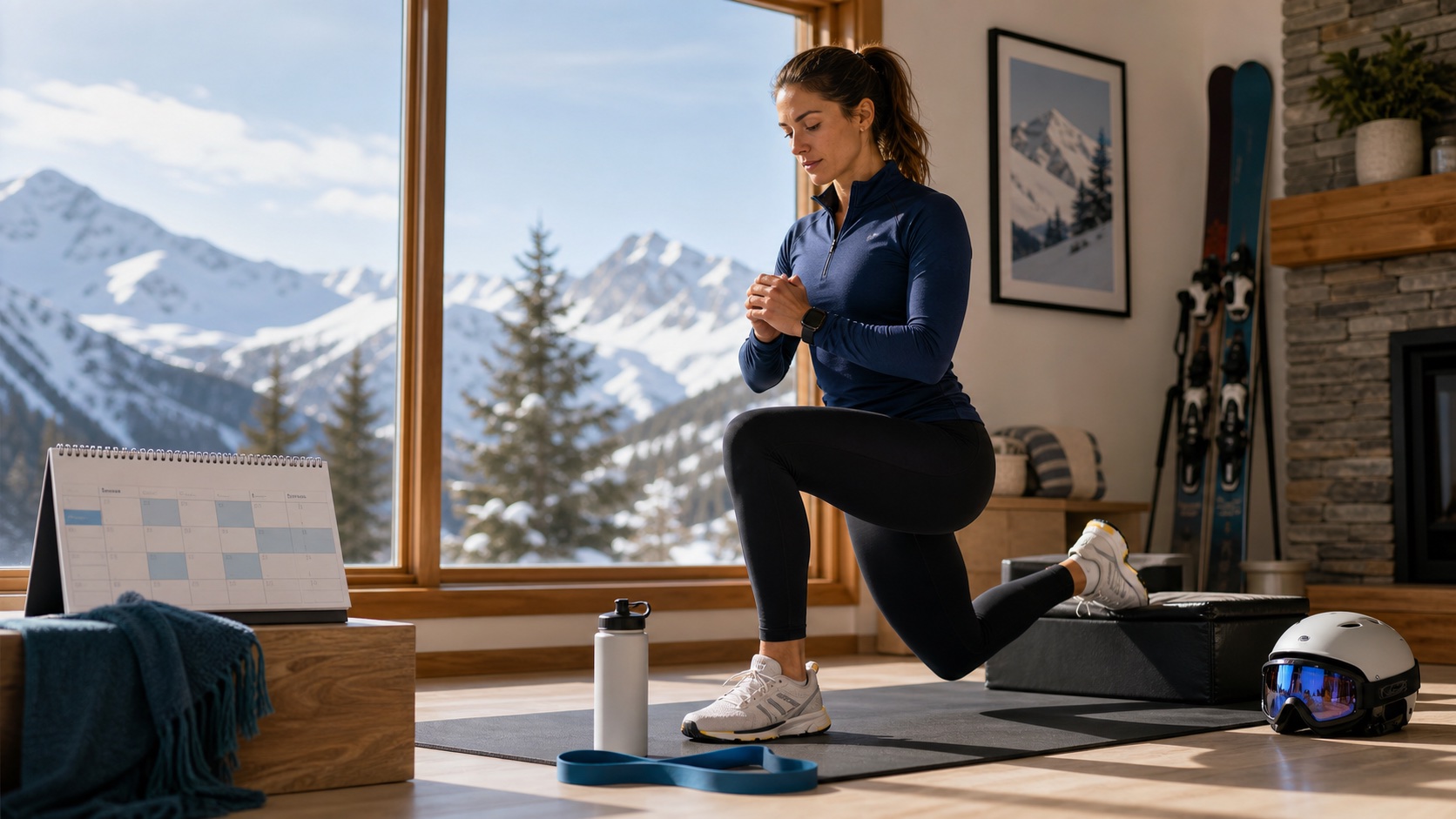 Eine Skifahrerin trainiert Split Squats neben einem Kalender für die Skisaison