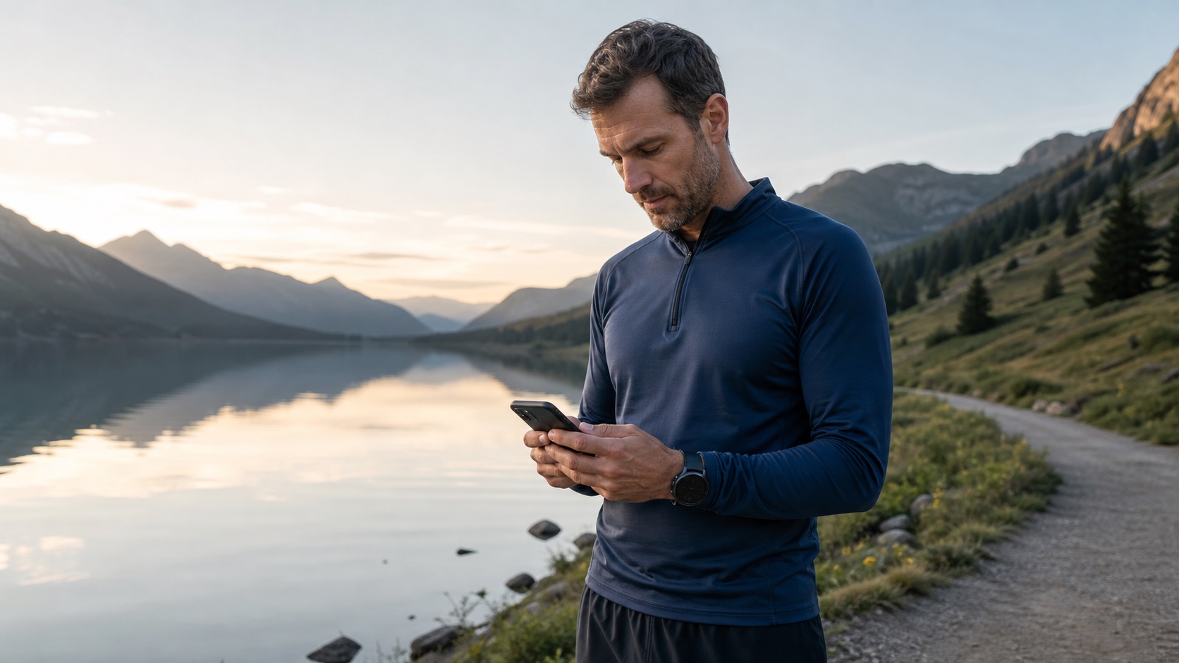 Un corredor aficionado consulta el móvil junto a un lago alpino después de entrenar por la mañana
