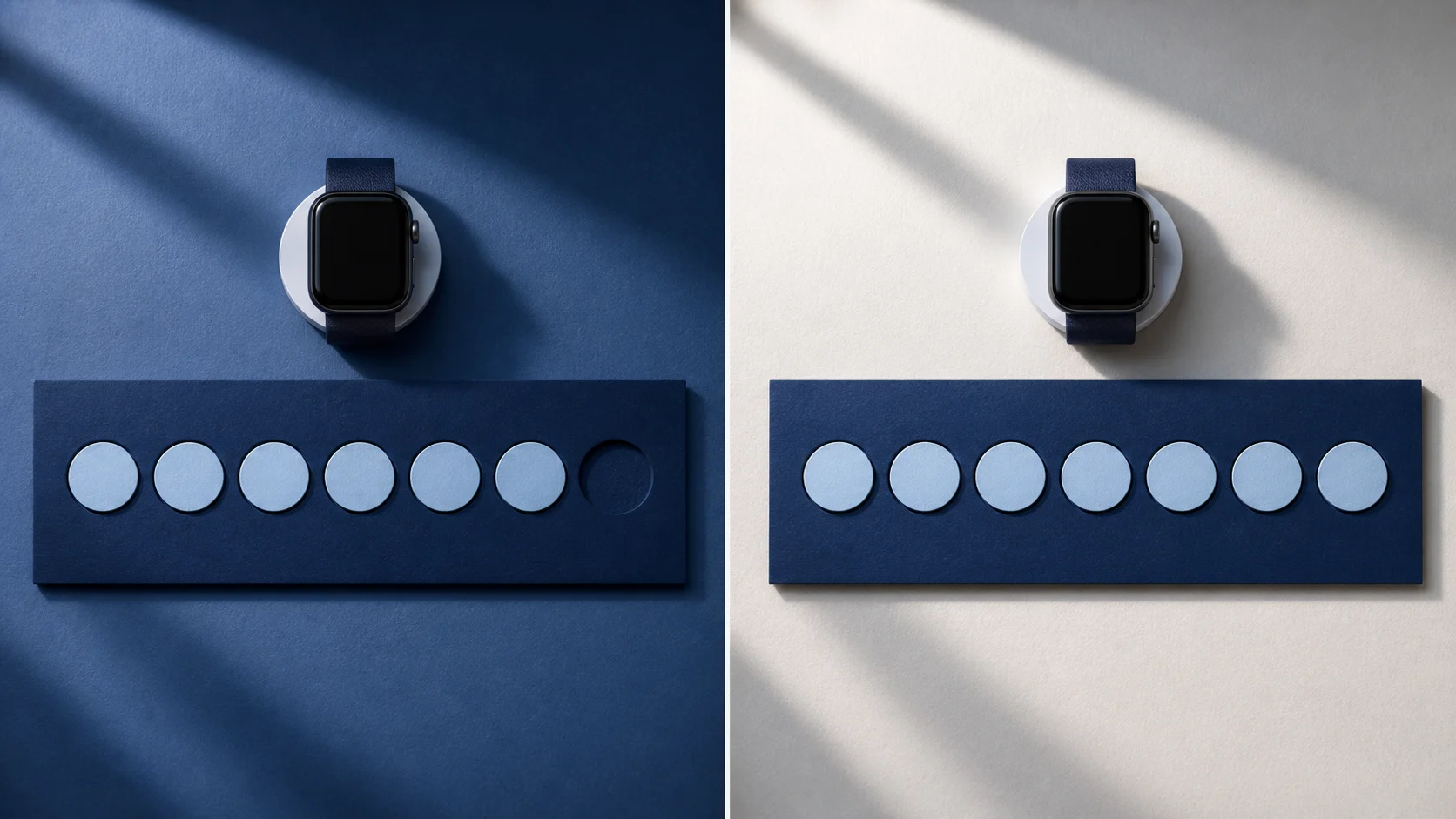 Two-panel paper scene: six blue discs and one empty slot at dawn; all seven slots are filled in later daylight, with the same dark watch charging above each time panel