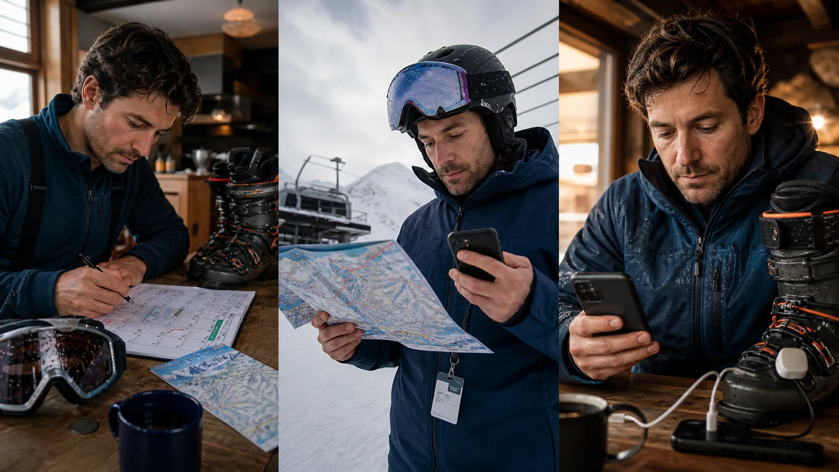 The same skier plans at a lodge table, checks a piste map at the lift and reviews data beside a ski-boot sensor after skiing