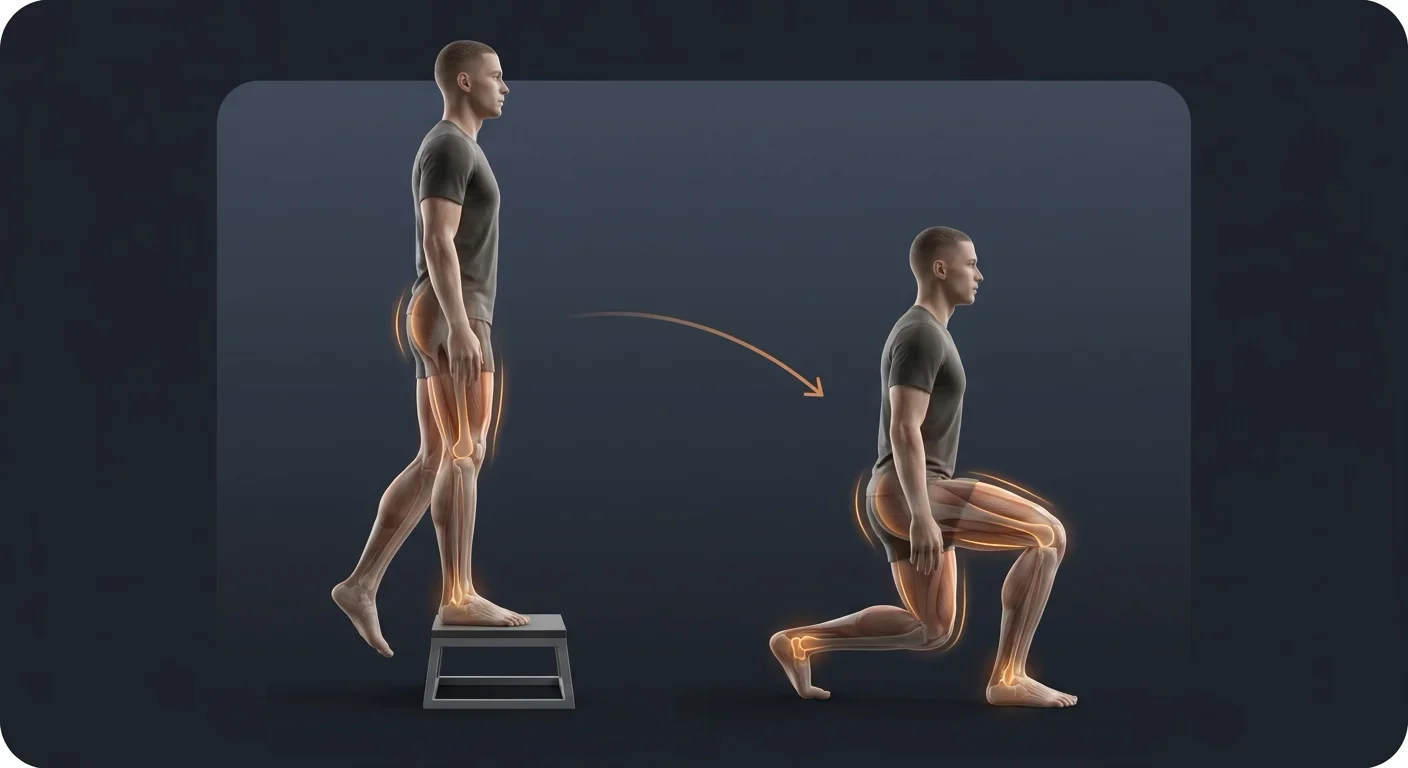 Eccentric step-down with one foot on a low step and the free heel lowering slowly towards the floor