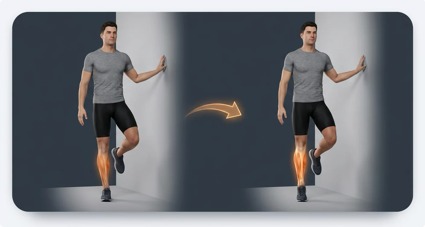 Single-leg calf raise with light hand support and the heel lifting under control