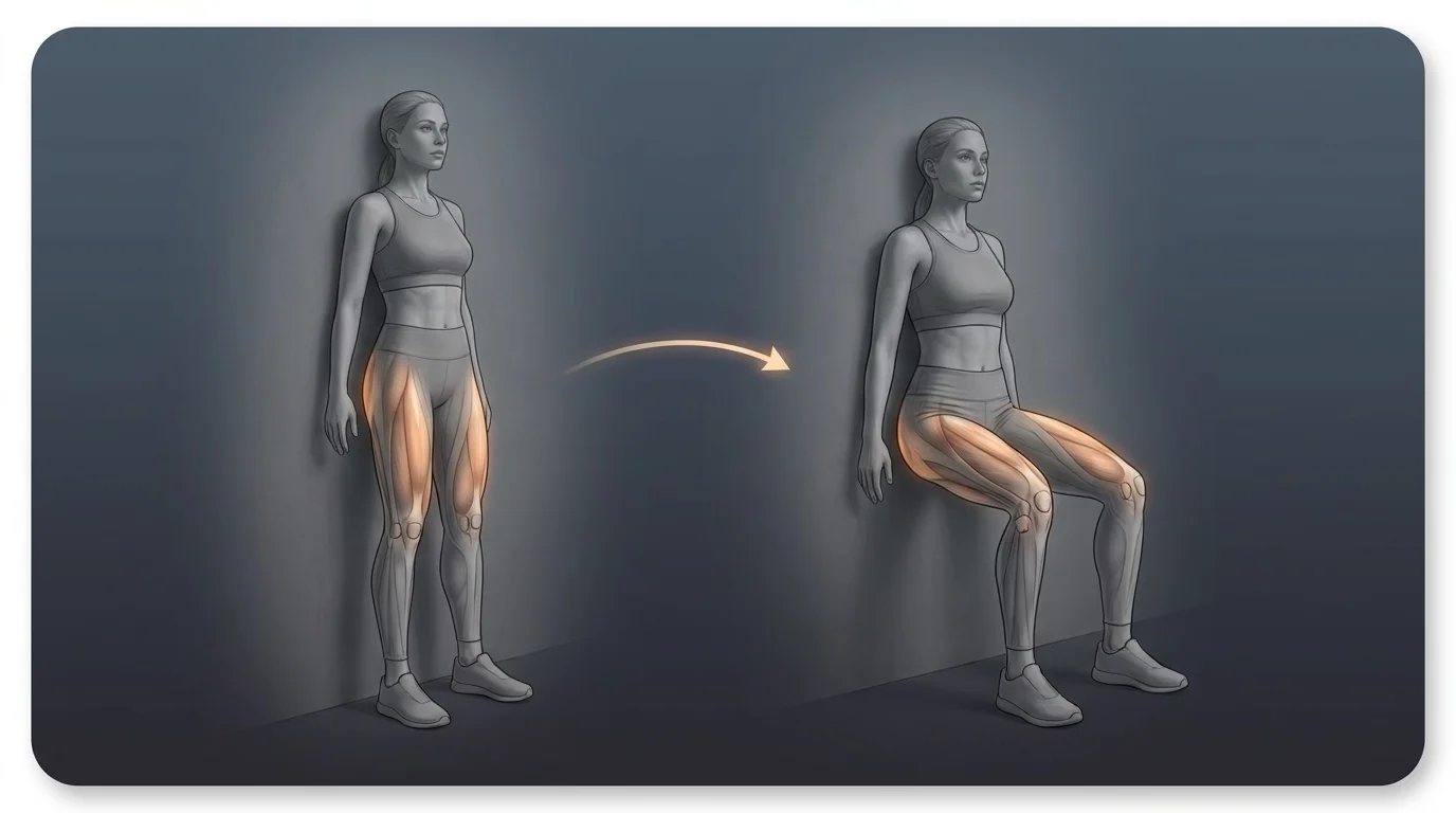 Wall sit with the back against a wall, stable feet, and knees bent under control