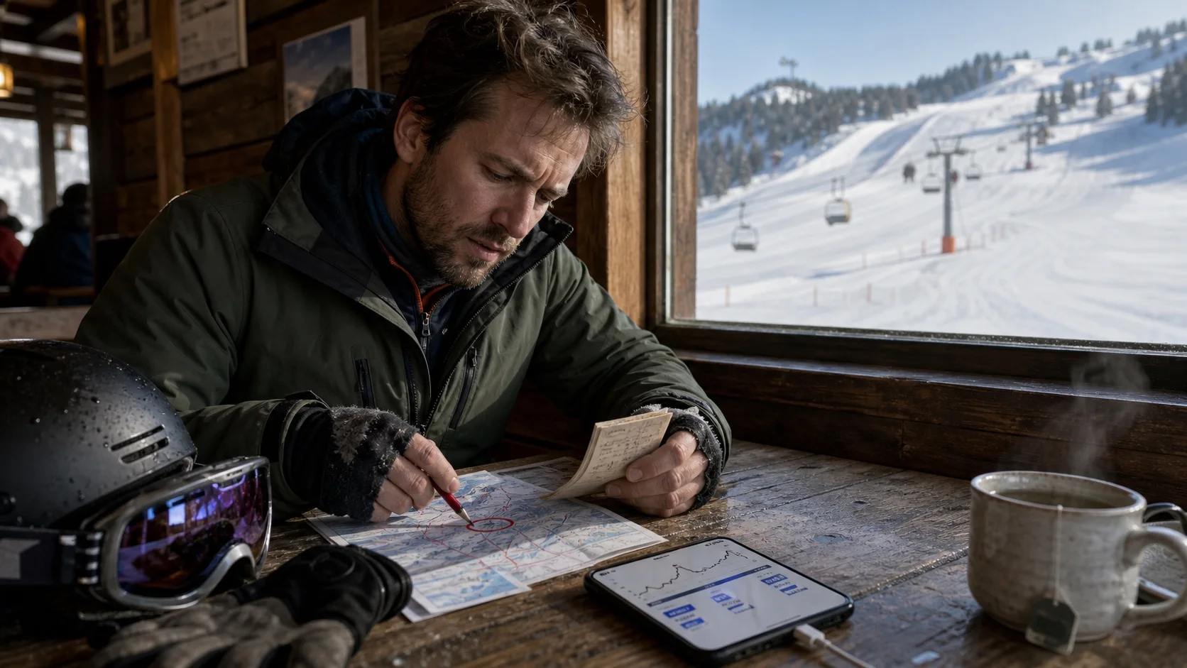 A skier compares a route recording on a smartphone with a marked piste map after a ski day and checks conflicting values