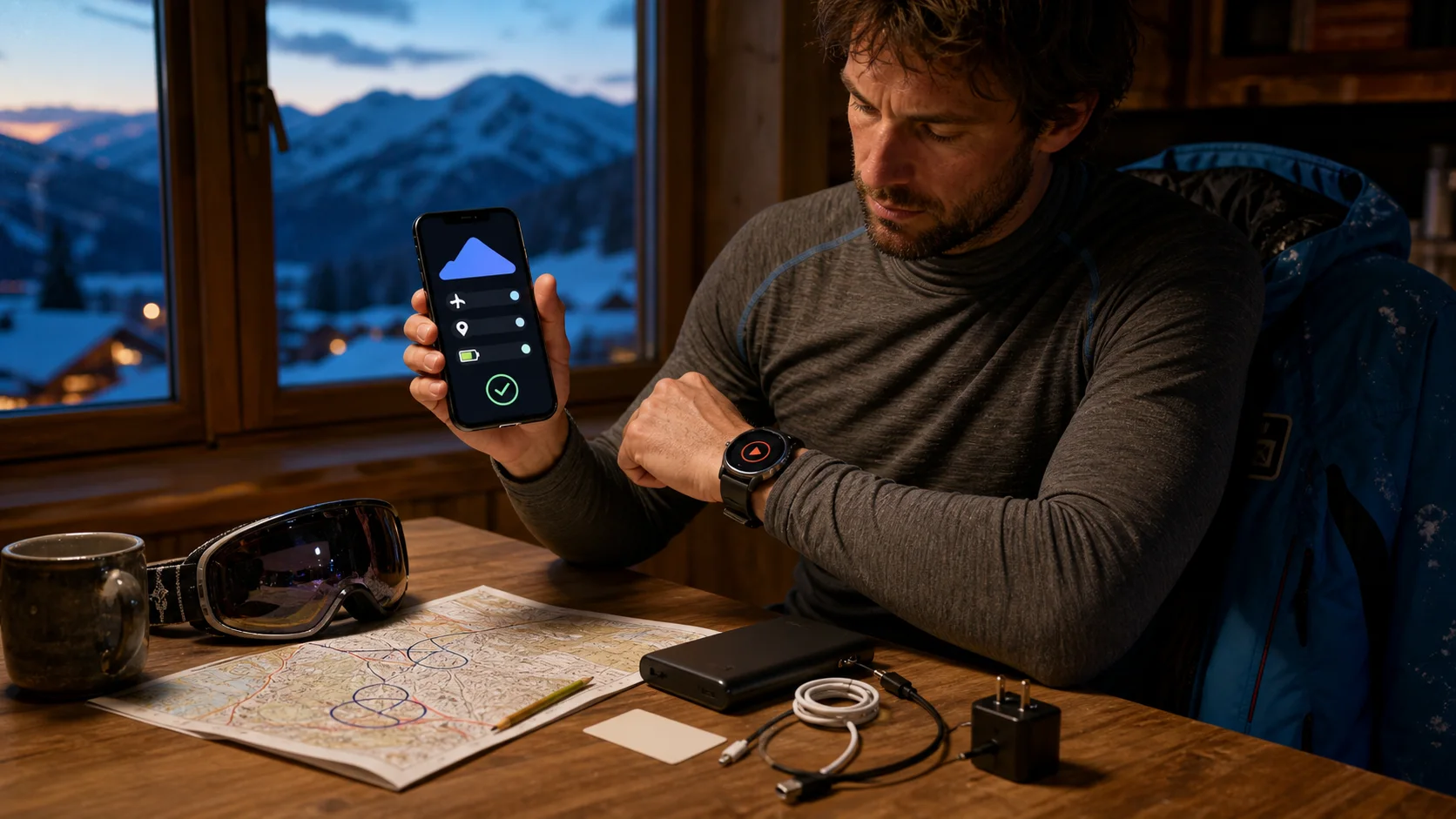 A skier checks a phone and watch on the evening before a trip, with a piste map, lift pass, power bank, cables and a local-contact card on the table