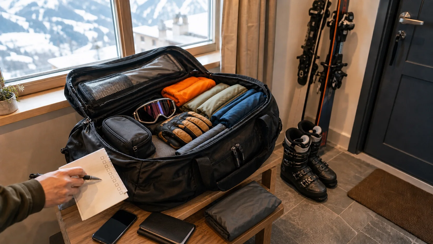 Open travel bag with organised ski clothing, a checklist, ski boots and skis ready for a winter trip