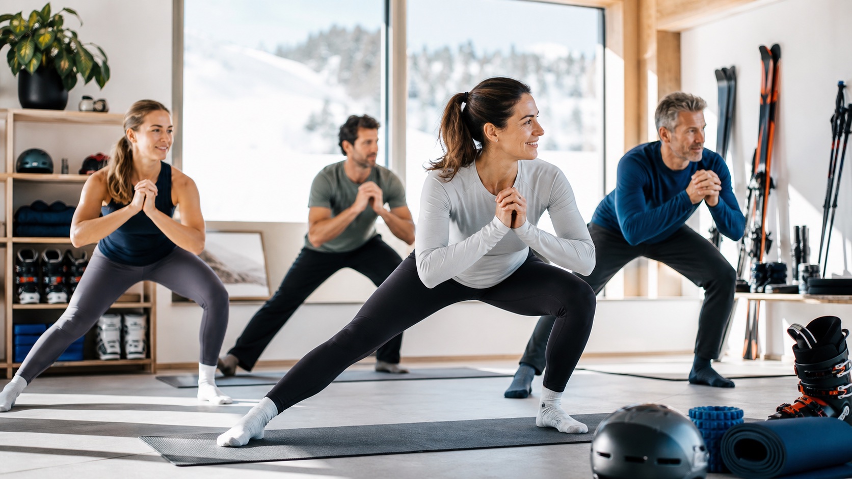 Eine kleine Gruppe macht Skivorbereitungsübungen für Mobilität und Balance in einem hellen Studio