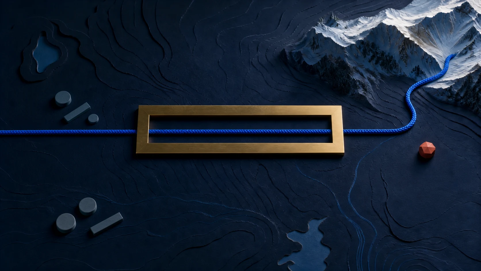 A blue cord crosses a dark alpine relief map through a narrow brass opening toward a mountain. Grey and orange modules remain outside: the time window narrows while the selected workout purpose continues.