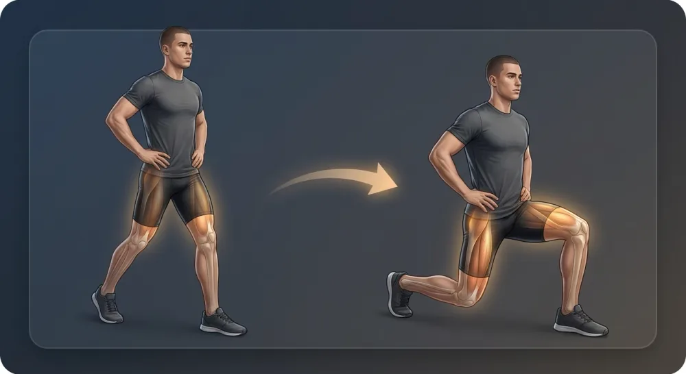 Forward lunge shown standing and in the controlled lower position