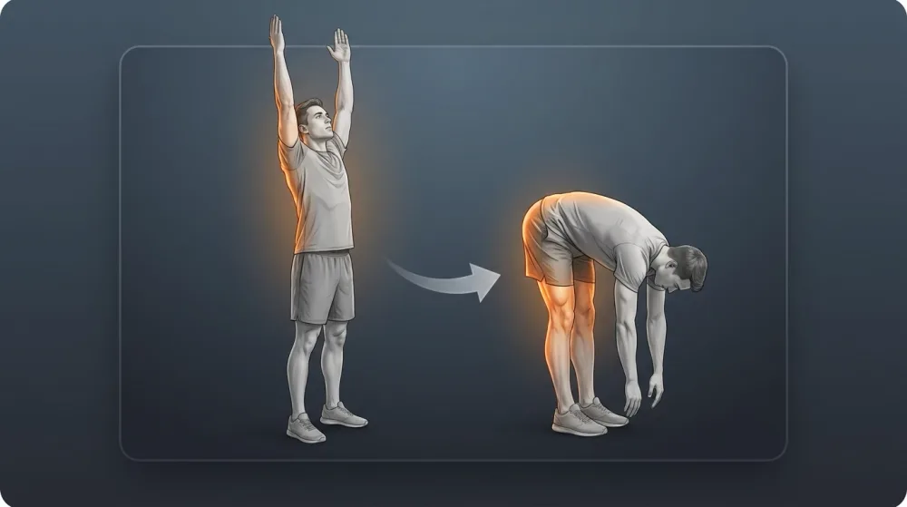 Calm standing mobility from an upright reach into a hip hinge