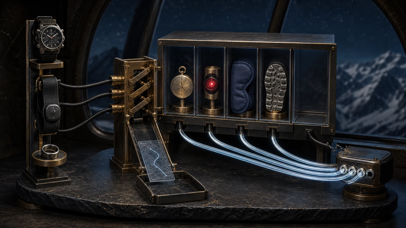 Mechanical data station where a route card falls into a rejection tray before the shared archive while four other data types reach the receiver