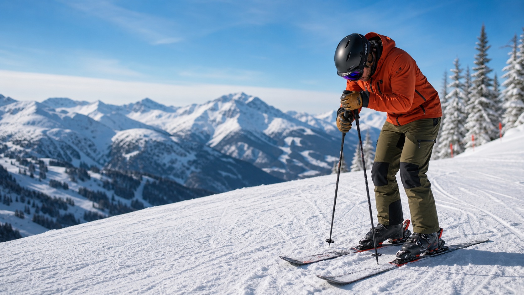 Ein müder Freizeitskifahrer macht auf einer sonnigen alpinen Piste Pause