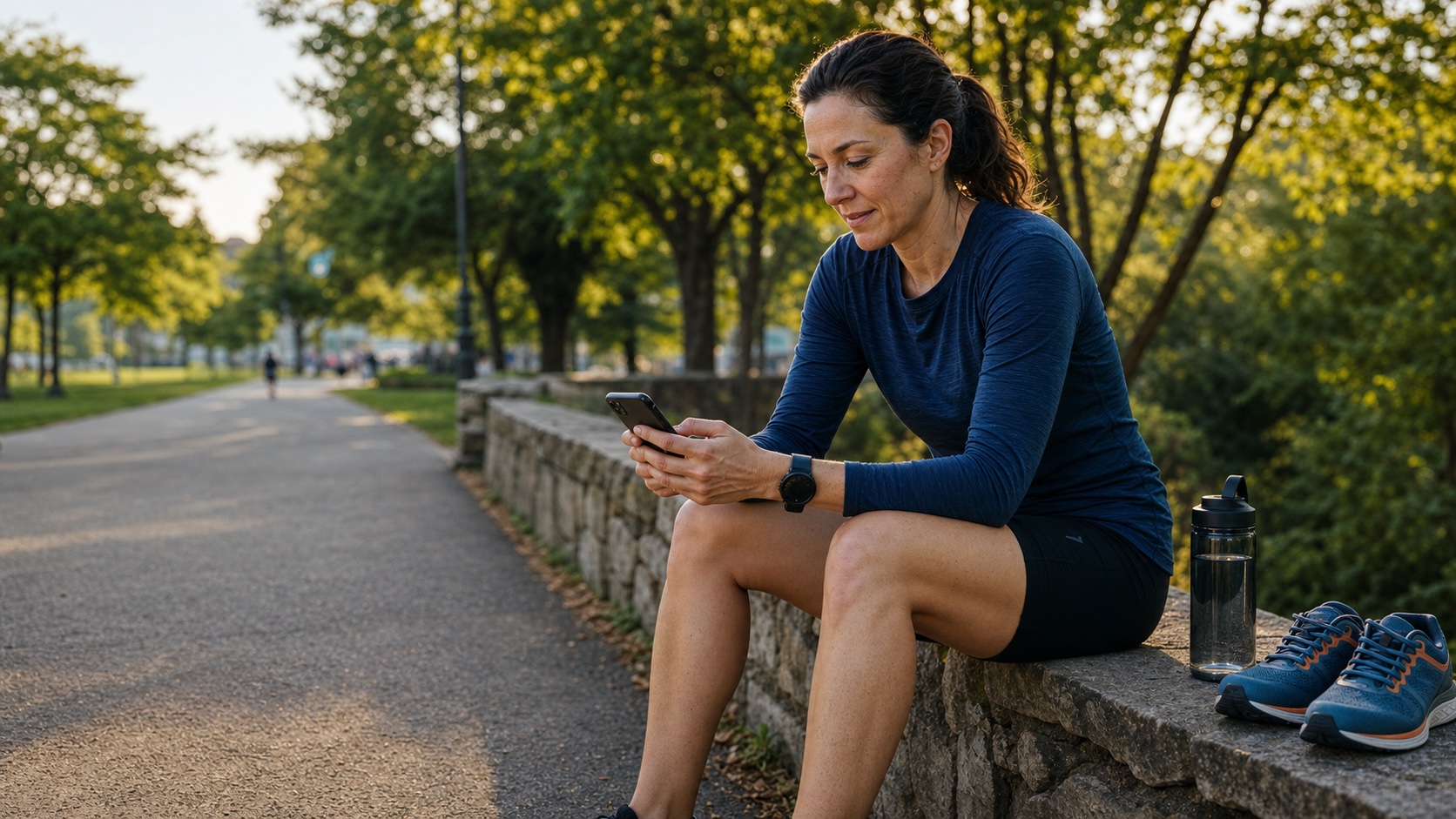 A recreational runner checks a phone and smartwatch after a workout in a city park