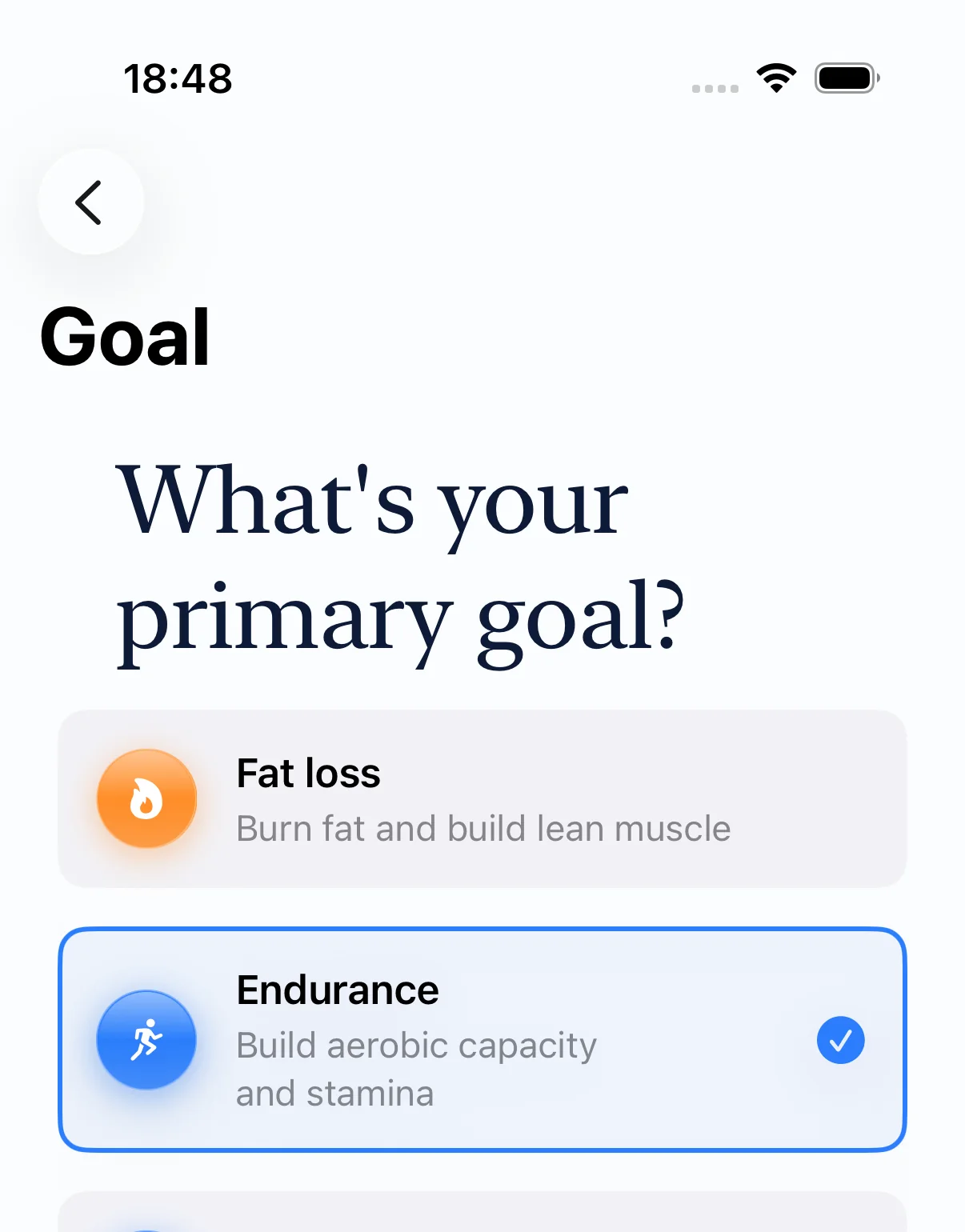 SlopeReady goal choices for fat loss and endurance.