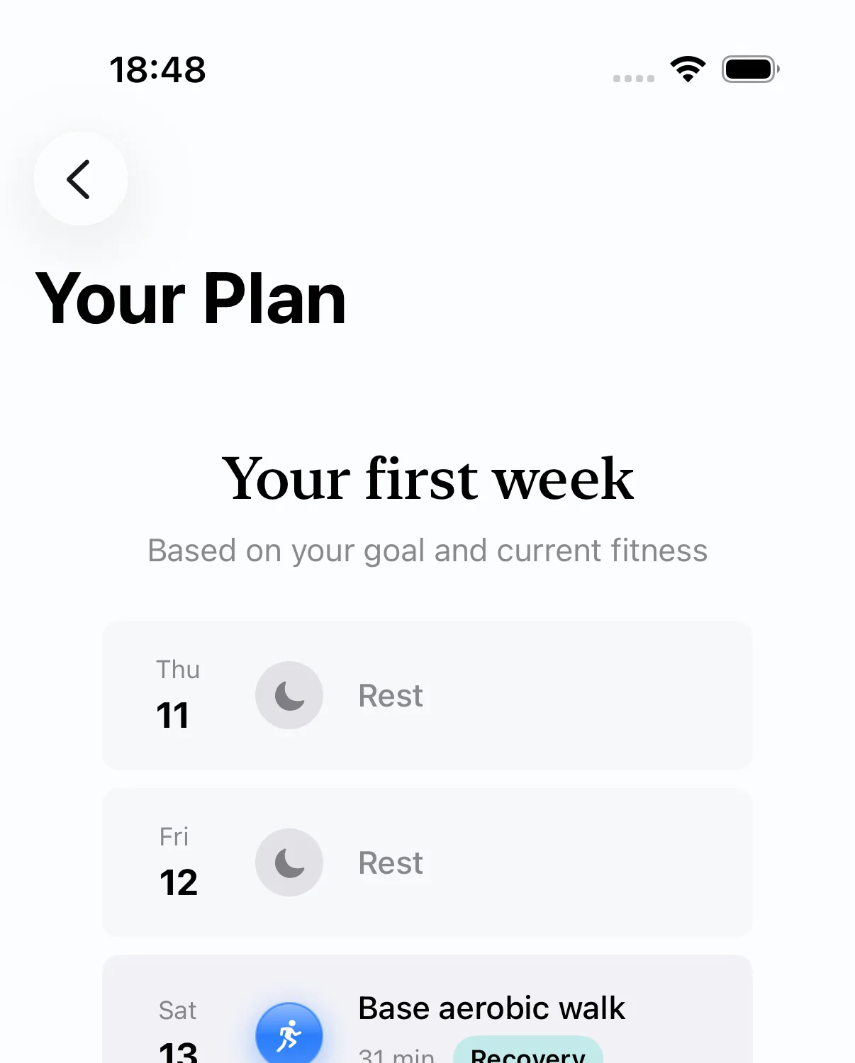 A SlopeReady weekly plan with training, rest, and recovery sessions.