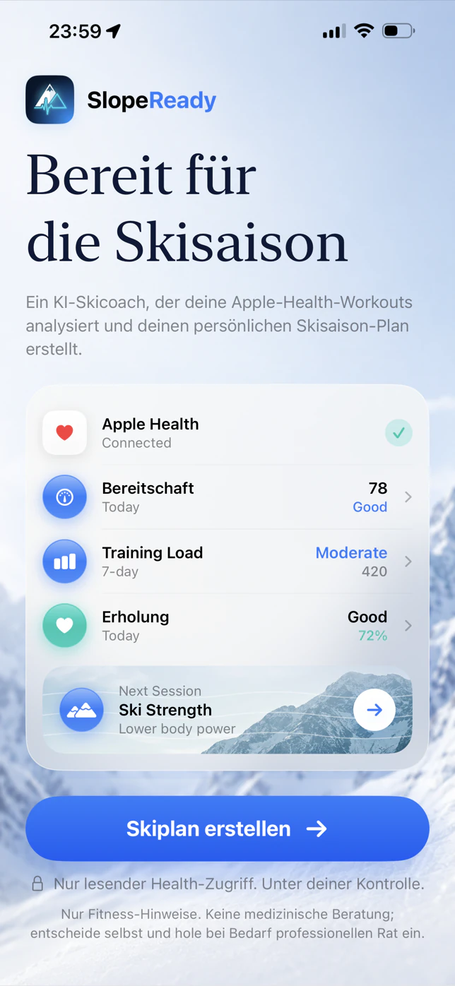 SlopeReady Onboarding zur Skisaison auf dem iPhone
