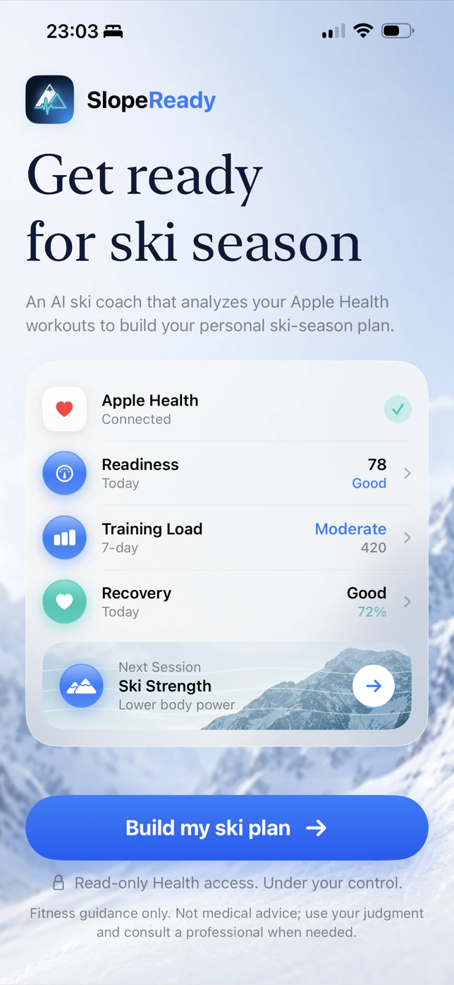 SlopeReady ski-season onboarding on iPhone