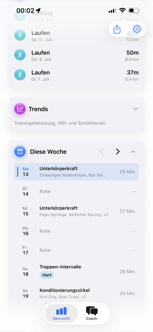 SlopeReady Wochenplan mit skispezifischem Krafttraining, Läufen und Ruhetagen samt Intensität und Dauer